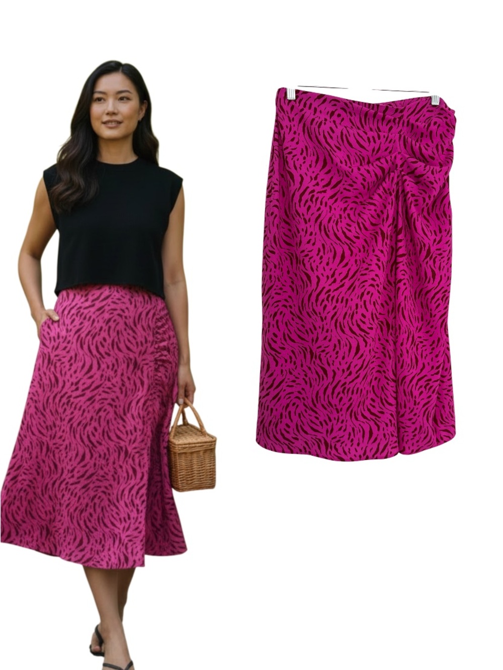 Nine West Fuchsia and Black Printed Midi Skirt